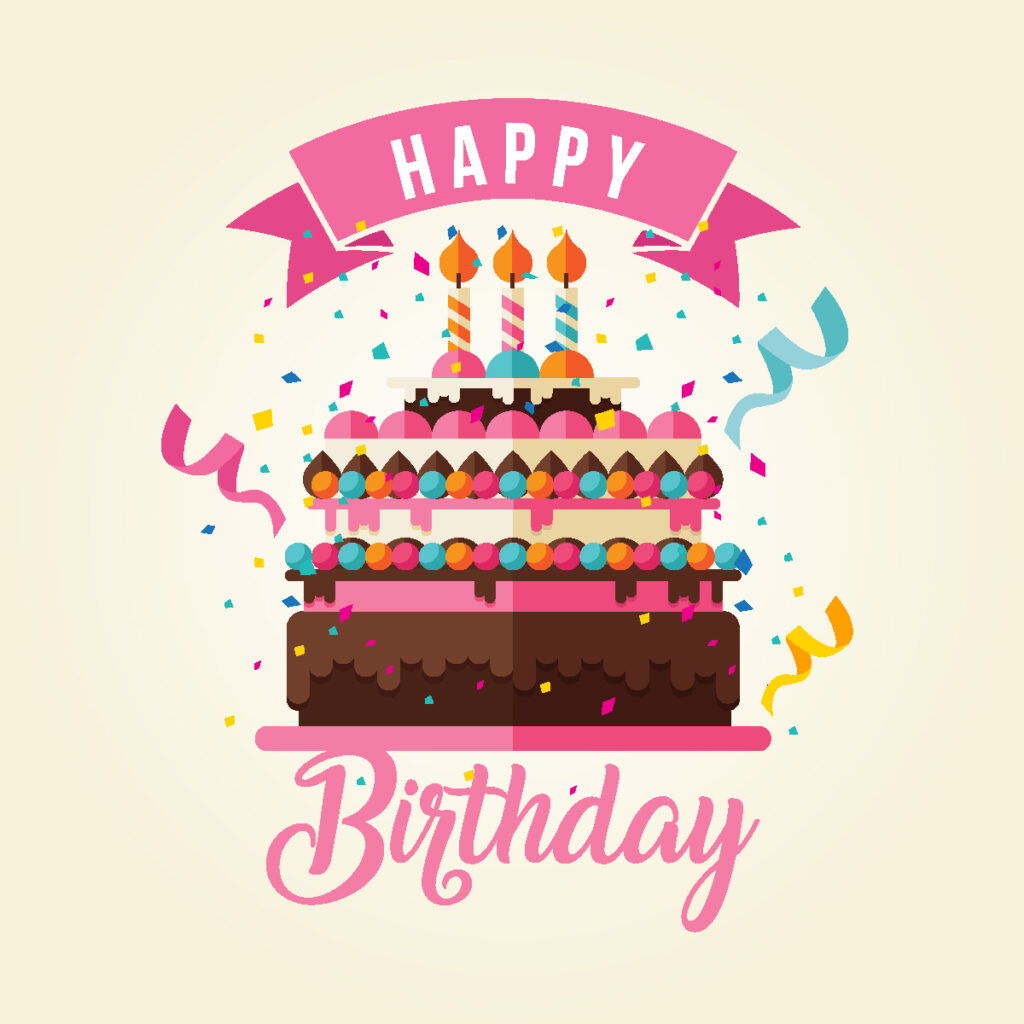 Большой торт с свечи и воздушные шары, оригинальное поздравление с днем ​​рождения. Стоковый векторный Adobe Stock
